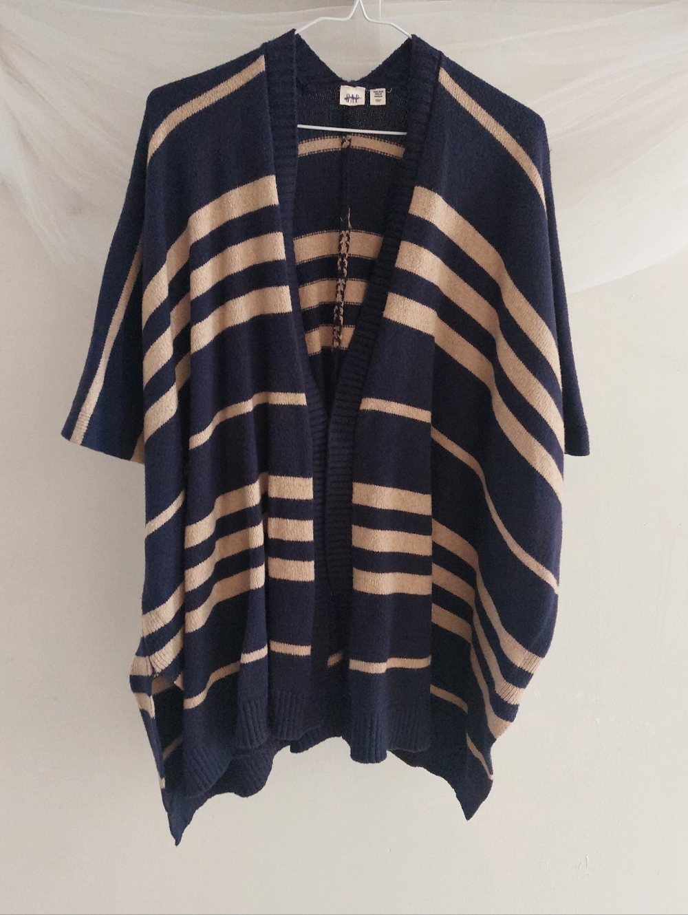 Gap Navy Tan Striped Poncho Sweater Wool Camel Hair Blend Open Front Cardigan OS